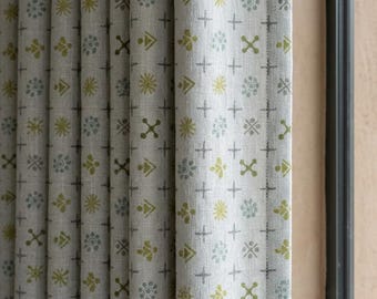 Natural Gray Pure Linen Curtains, Olive Sage Aqua Mid Century Atomic Print Drapes, Custom Blackout or Light Filtering Panels