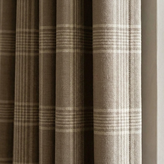 Taupe Greige Plaid Organic Linen Curtains, Neutral Farmhouse Windowpane Check Drapes, Cotton Lined or Blackout, 50/100 Wide