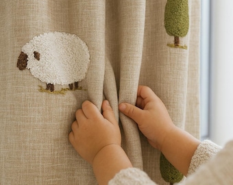 Sheep & Tree Nursery Curtains - Organic Linen with Blackout or Cotton Lining
