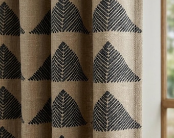 Tende in lino stile boho tribale, tende con stampa piramidale color beige naturale e antracite, pannello pesante