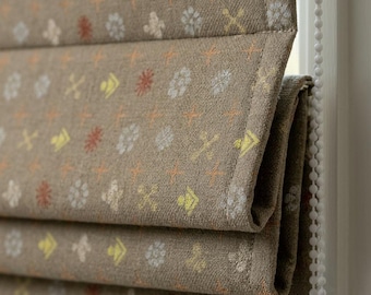 Olive Brown Pure Linen Roman Shade, Rust Mustard Mid Century Atomic Print Custom Blind, Blackout or Light Filtering Window Shade