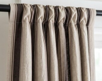 Dark Brown Cream Pure Linen Farmhouse Stripe Curtains, Ticking Drapes, Custom Blackout or Light Filtering