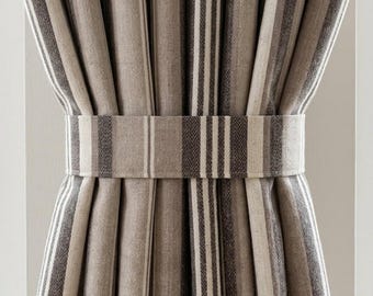 Charcoal Brown Taupe Pure Linen Curtains, Ivory Printed Herringbone Ticking Stripe Farmhouse Drapes, Custom Blackout or Light Filtering