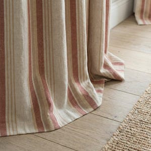 Cortinas de lino estilo granja, con rayas en tonos óxido y arena (ganchos, trabillas, bolsillo para varilla y ojales)