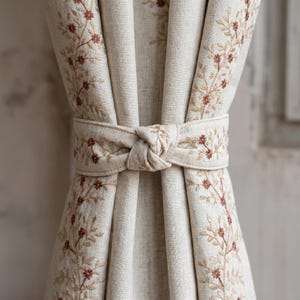 May include: A beige curtain panel featuring an embroidered floral pattern with small rust-colored flowers and light brown stems. The fabric is gathered at the center and secured with a matching tie-back that is knotted in a simple, centered loop.