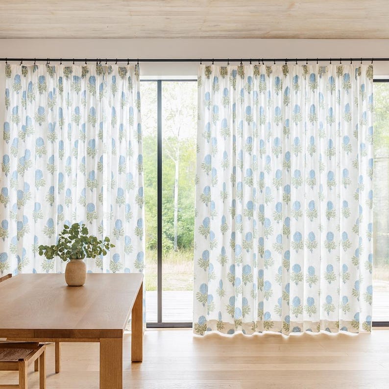 Pattern Block Curtain Hand Block Printed Curtains - Organic Cotton, Powder Blue Floral ...