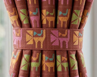 Terracotta Cat Print Linen Curtains, Colorful Mid Century Geometric Drapes, Custom Blackout Window Panels