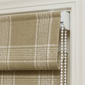 ファームハウスチェック柄リネンローマンシェード、カスタムベージュクリームウィンドウブラインド