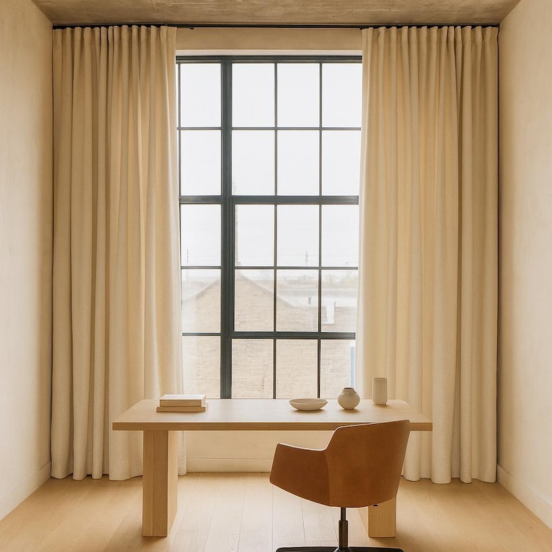 Pinch-Pleat Curtains: Cream Linen Herringbone (Blackout or Cotton Lined) image 8