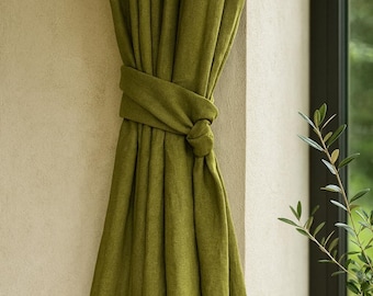 Pure Linen Curtains: Olive Moss Green - Organic Cotton or Blackout Liner