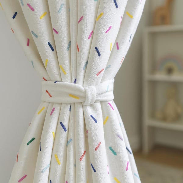 Cortinas de lino para habitación infantil: bordado multicolor (opacas o con forro de algodón)