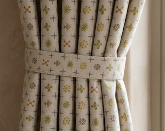 Natural Ivory Pure Linen Curtains, Mustard Olive Rust Mid Century Atomic Print Drapes, Custom Blackout or Light Filtering Panels