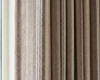 Taupe Beige Ivory Pure Linen Curtains, Printed Herringbone Ticking Stripe Farmhouse Drapes, Custom Blackout or Light Filtering Panels