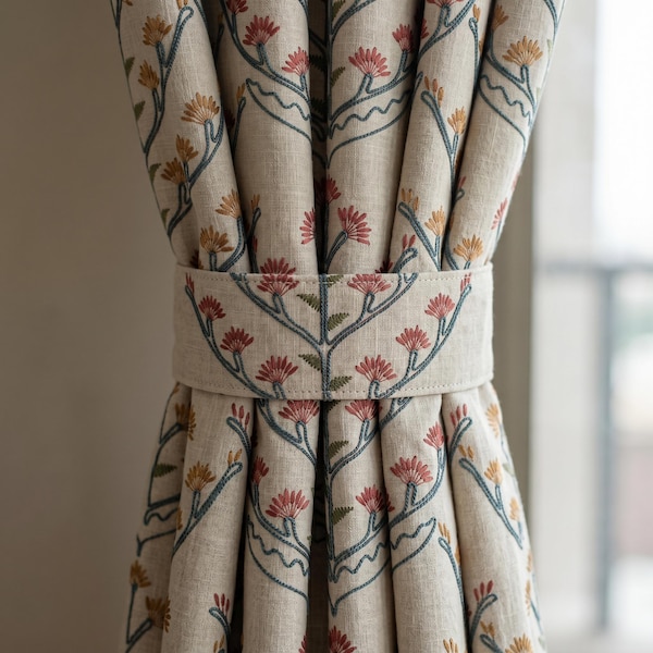Oatmeal Linen Curtains, Teal Coral Floral Embroidered Drapes, Botanical Blackout or Cotton Lined Custom Panels