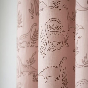 Blush Pink Dinosaur Linen Curtains, Playful Cocoa Brown (Blackout or Cotton)