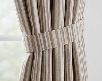 Brown Taupe Pure Linen Farmhouse Stripe Curtains, Cream Ticking Drapes, Custom Blackout or Light Filtering