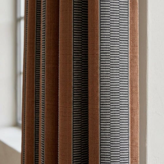 Rust Brown Charcoal Ivory Tribal Stripe Linen Curtains, Heavy Boho Geometric Drapes, Custom Blackout or Light Filtering Panels