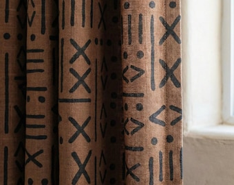 Rust Brown Linen Curtains, Black Tribal Mudcloth Print, Custom Size