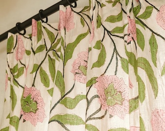 Pink Floral Curtains: Organic Cotton, Hand Block Printed