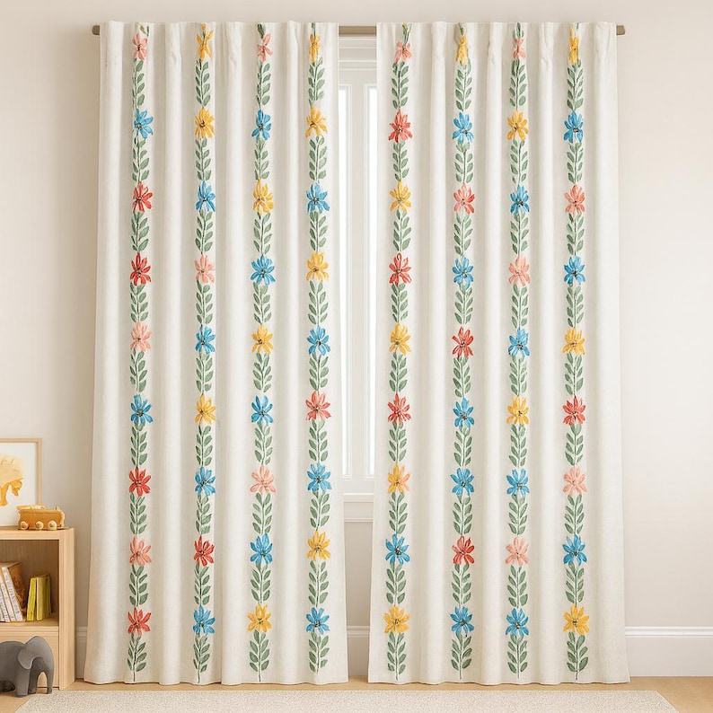Linen Blackout Curtains: White Daisy Vine Embroidery (Kids Nursery, Custom Fit) image 4