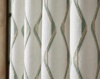 Ivory Spa Pure Linen Curtains, Seafoam Blue & Flax Ogee Trellis Embroidered Drapes, Custom Blackout or Light Filtering Panels