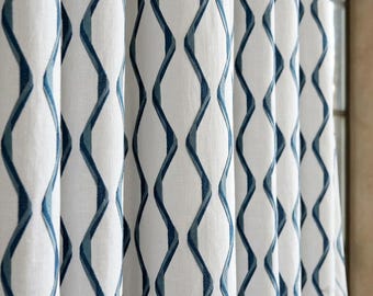 White & Navy Pure Linen Curtains, Blue Ogee Trellis Embroidered Drapes, Custom Blackout or Light Filtering Panels