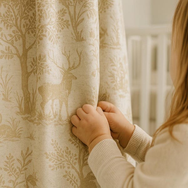 Beige Silk-Linen Jacquard Curtains, Woodland Deer Toile, Custom Blackout Nursery Drapes