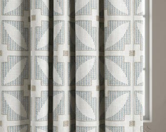 Ivory Pure Linen Curtains, Blue Beige Geometric Embroidered Drapes, Custom Blackout Mid Century Panels
