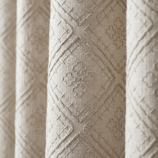 Light Taupe Linen Embroidered Curtains, Diamond Geometric Drapes, Heavy Linen Panels, Cotton Lined or Blackout
