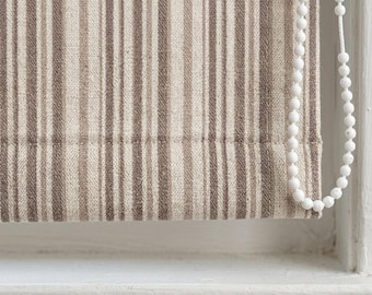 Estores romanos de lino a rayas personalizados, cortinas rústicas en beige topo (OEKO TEX)