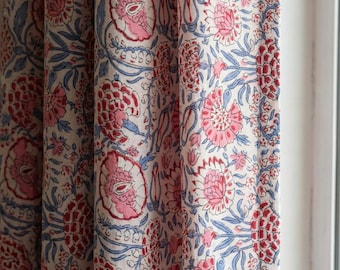 Hand Block Print Cotton Curtains, Blush Pink Floral, Custom Size
