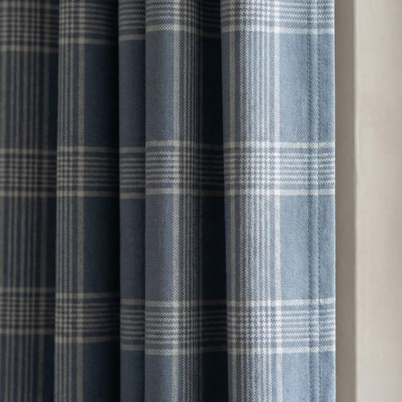 Dusty Blue Plaid Organic Linen Curtains, Farmhouse Windowpane Check Drapes, Cotton Lined or Blackout, 50/100 Wide Custom