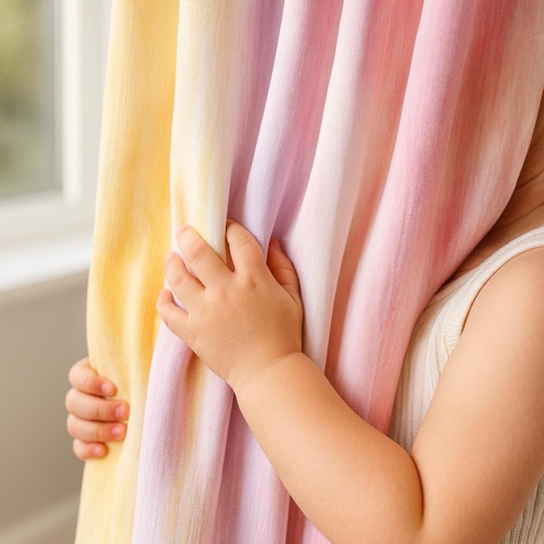 Organic Linen Blackout Curtains: Pastel Watercolor Stripes, Nursery