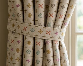 Natural Ivory Pure Linen Curtains, Mustard Teal Coral Mid Century Atomic Print Drapes, Custom Blackout or Light Filtering Panels