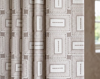 Ivory Taupe Pure Linen Curtains, Geometric Frame Embroidered Drapes, Custom Blackout or Light Filtering Panels