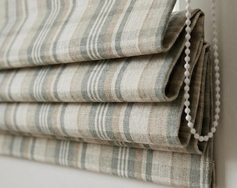 Persianas romanas de lino a rayas hechas a medida: Persianas rústicas de color beige y verde salvia (filtran la luz/opacas)