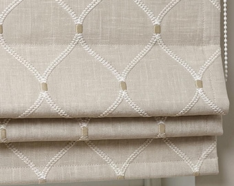 Custom Roman Shade, Natural Linen Blind, Ivory Embroidered Trellis Ogee, Blackout or Light Filtering Window Shade