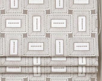 Ivory Taupe Pure Linen Roman Shade, Geometric Rectangle Embroidered Custom Blind, Blackout or Light Filtering