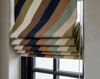 Striped Linen Roman Shade, Custom Corded Blind, OEKO-TEX Certified