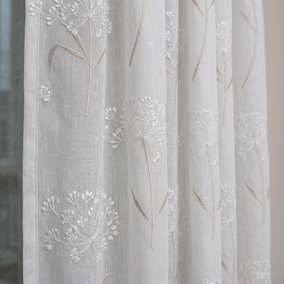 White Pure Linen Sheer Curtains with Queen Anne Lace Embroidery, Custom Floral Drapes, Single or Pair