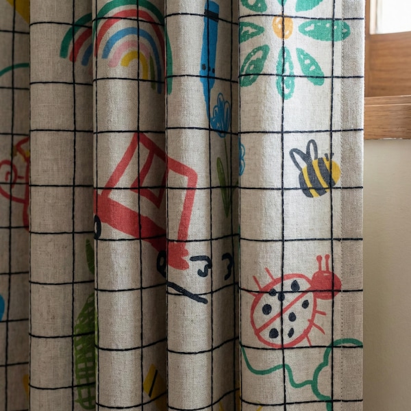 Cortinas de lino con diseño de cuadrícula de bocetos para habitación de bebé, con estampado de mariquita y abeja arcoíris