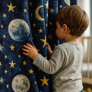 May include: Dark blue celestial-themed curtains with gold stars, crescent moons, and planets. The curtains are made of a soft fabric and are hanging in front of a window. A child is partially visible, interacting with the curtains.