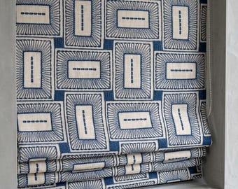 Beige Navy Pure Linen Roman Shade, Blue Mid Century Geometric Embroidered Custom Blind, Blackout or Light Filtering
