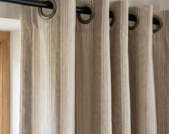 Taupe Beige Pure Linen Farmhouse Stripe Curtains, Cream Ticking Drapes, Custom Blackout or Light Filtering