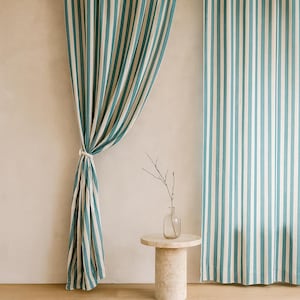 Organic Cotton Curtains: Hand Block-Printed Teal Stripes (Custom Sizes Available) image 4