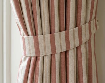 Dusty Terracotta Pure Linen Farmhouse Stripe Curtains, Cream Beige Drapes, Custom Blackout or Light Filtering