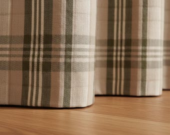 Farmhouse Linen Curtains, Plaid Beige & Olive (Blackout or Cotton Liner)