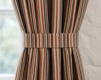 Rust Terracotta Dark Olive Pure Linen Curtains, Cream Farmhouse Stripe, Blackout or Light Filtering