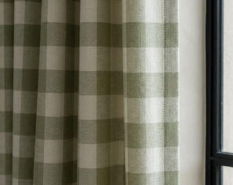オーガニックリネン ギンガムチェックカーテン、セージグリーン＆クリームバッファローチェック、カスタムサイズ、コットン裏地または遮光、幅50インチ/100インチ