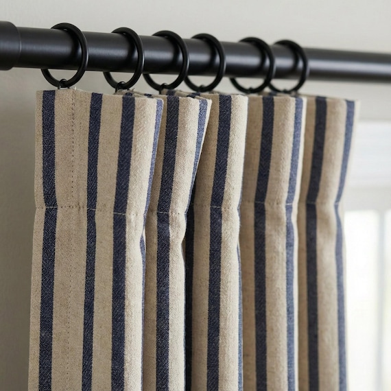 Natural Oatmeal & Navy Stripe Linen Curtains, Farmhouse Ticking Drapes, Custom Extra Long/Wide, Unlined/Cotton Lined/Blackout